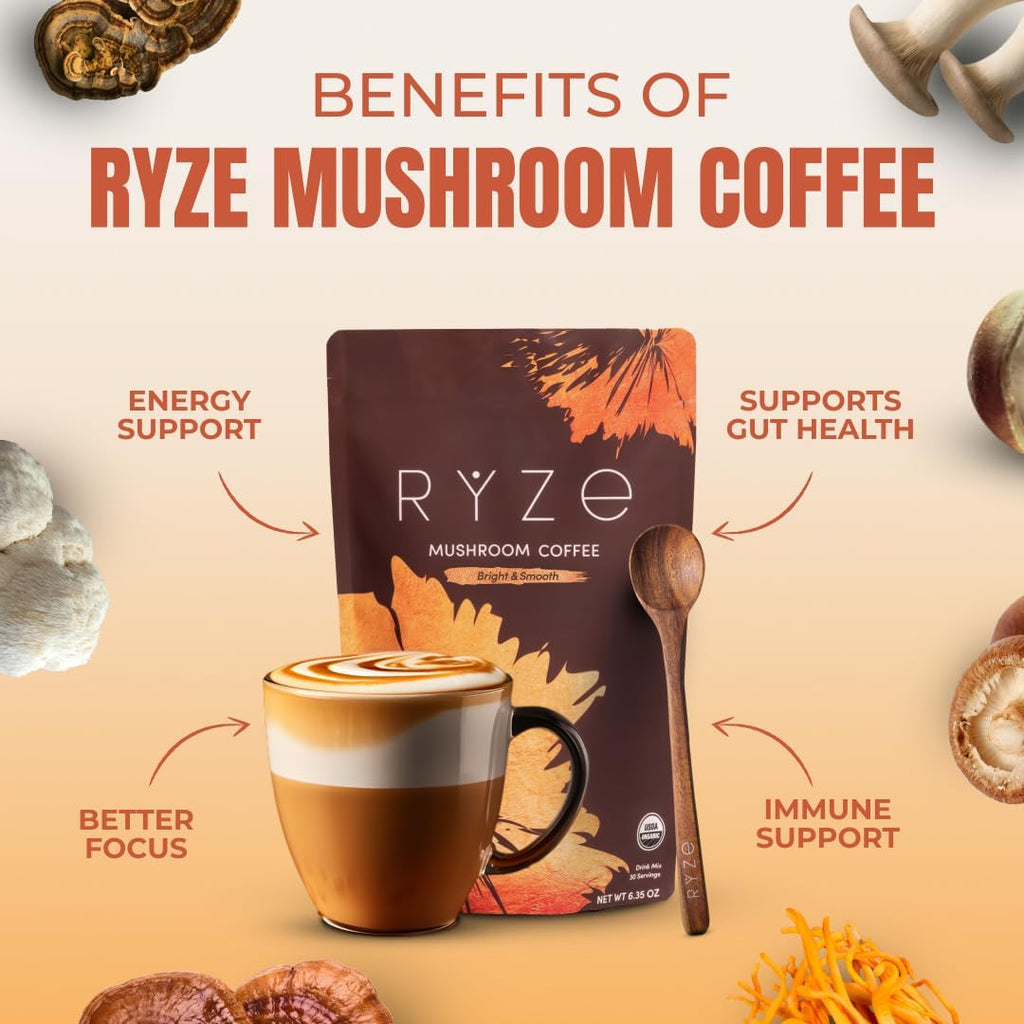 RYZE SUPERFOODS Ultimate Energy Bundle Medium Roast, USDA Organic Mushroom Coffee & Mushroom Matcha + Probiotic Creamer with 6 Adaptogenic Mushrooms for Better Energy, Focus, Digestion, Immunity, 30 serving each