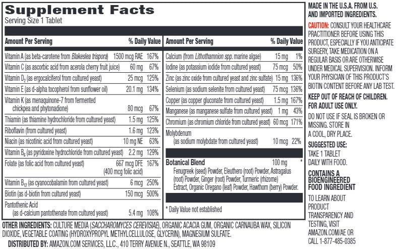 Amazon Elements Men's One Daily Multivitamin, 62% Whole Food Cultured, Vegan, 21 Vitamins and Minerals, 65 Tablets, 2 Month Supply (Packaging may vary)