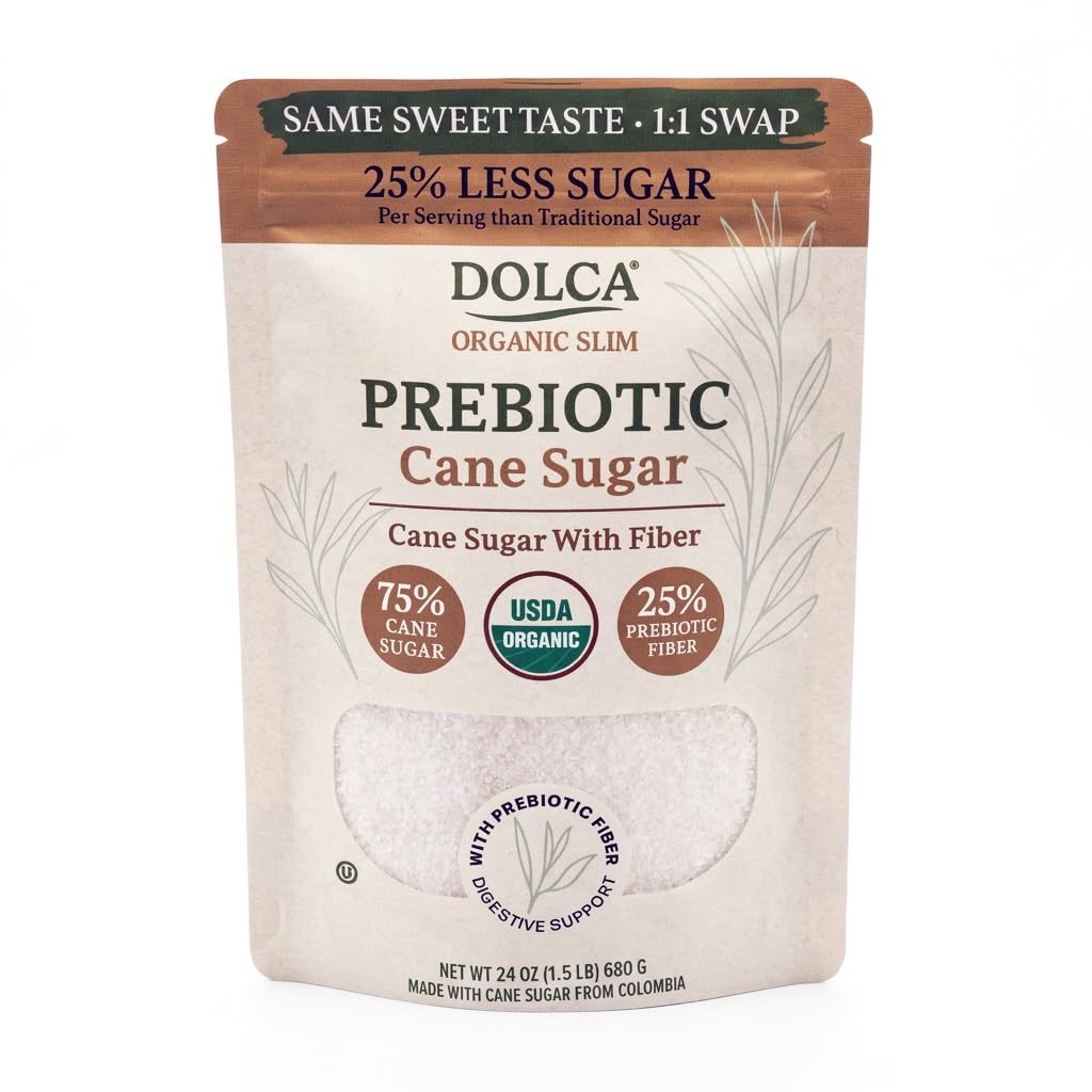 Organic Dolca Slim – Organic Cane Sugar Infused with Prebiotic Fiber – 25% Fiber & Fewer Calories Per Serving – Same Taste & Texture – 1:1 Sugar Replacement for Coffee, Tea & Baking – Bakes & Browns Like Real Sugar – No Artificial Sweeteners or Sugar Alco