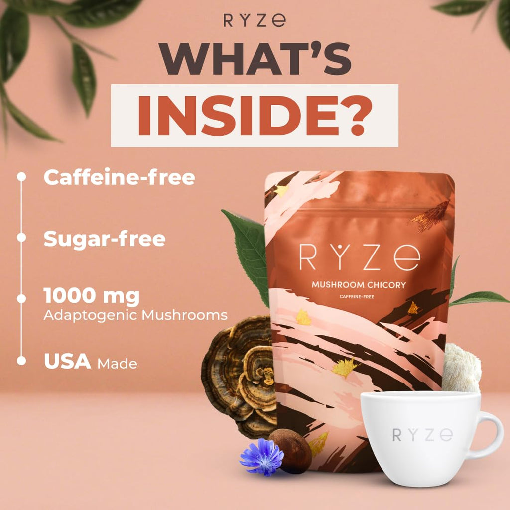 RYZE SUPERFOODS Mushroom Chicory with 6 Organic Adaptogenic Mushrooms, Keto Decaf Alternative with Chicory Root for Energy, Focus, Digestion, Immunity with Lions Mane, Turkey Tail, Shiitake, 30 Serv