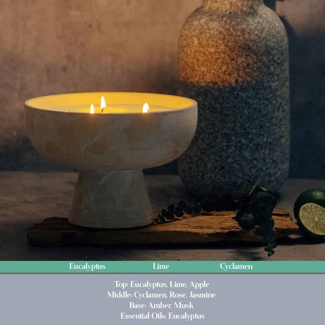 Blueme Focus Candle | Eucalyptus & Lime | 4 Wick - Refillable Wellness Candle with Essential Oils, Hand Finished & Poured Soy Wax Blend Ceramic Vessel, Natural Cotton Wicks | Large 24 oz