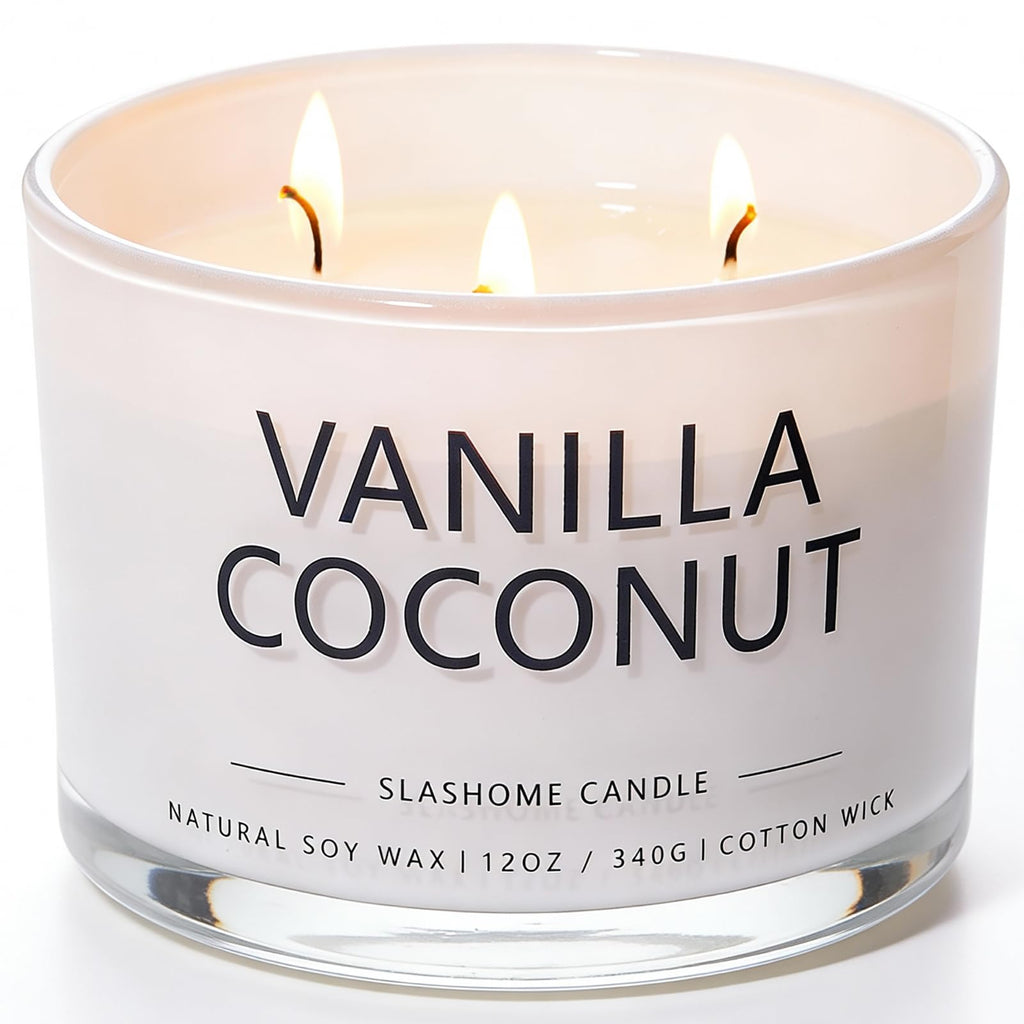 Vanilla Coconut Scented Candle, Luxury Large 3 Wick Soy Candle 12 Oz, 60+ Hour Long Lasting Clean Burn, Elegant Aromatherapy Home Decor, Valentine's Day & Housewarming & Birthday Gift for Men Women