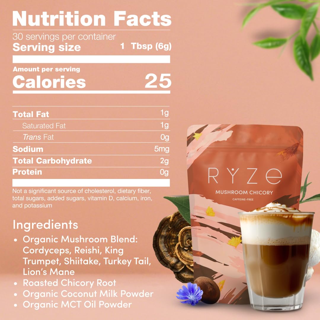 RYZE SUPERFOODS Mushroom Chicory with 6 Organic Adaptogenic Mushrooms, Keto Decaf Alternative with Chicory Root for Energy, Focus, Digestion, Immunity with Lions Mane, Turkey Tail, Shiitake, 30 Serv