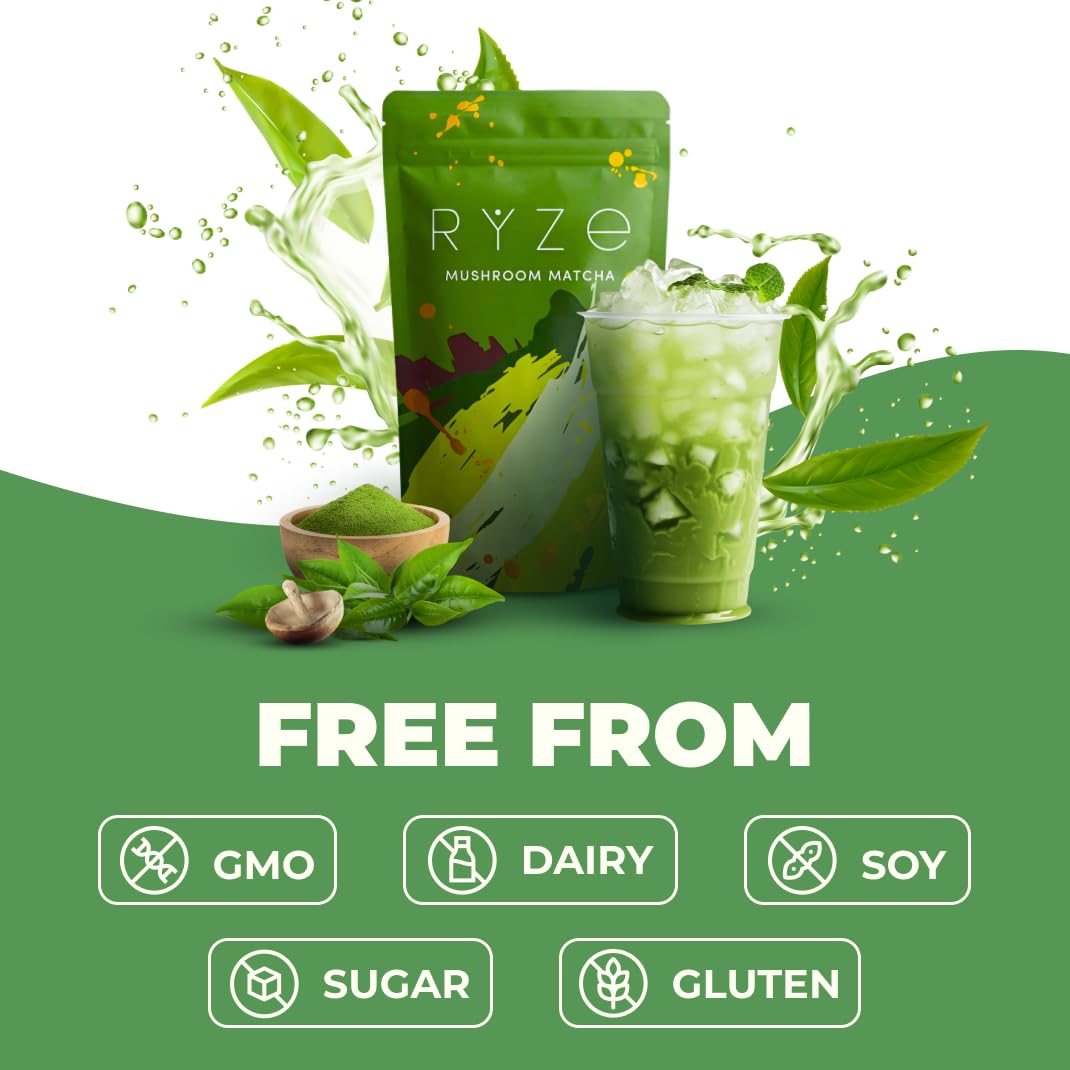 RYZE SUPERFOODS Mushroom Matcha Starter Kit, USDA Organic with 6 Adaptogenic Mushrooms and Ceremonial-Grade Matcha, Energy, Focus, Digestion, Immunity with Turkey Tail, Shiitake, Reishi