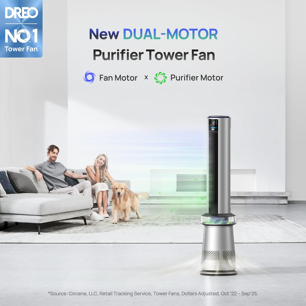 DREO MC710S Air Purifier Tower Fan, 45" 2-in-1 Smart Fan for Bedroom, 27ft/s Velocity, 120°Oscillation, 24H Timer Bladeless Fans for Home, 25dB Low Noise, Standing Fan Works with Alexa, Silver Blue