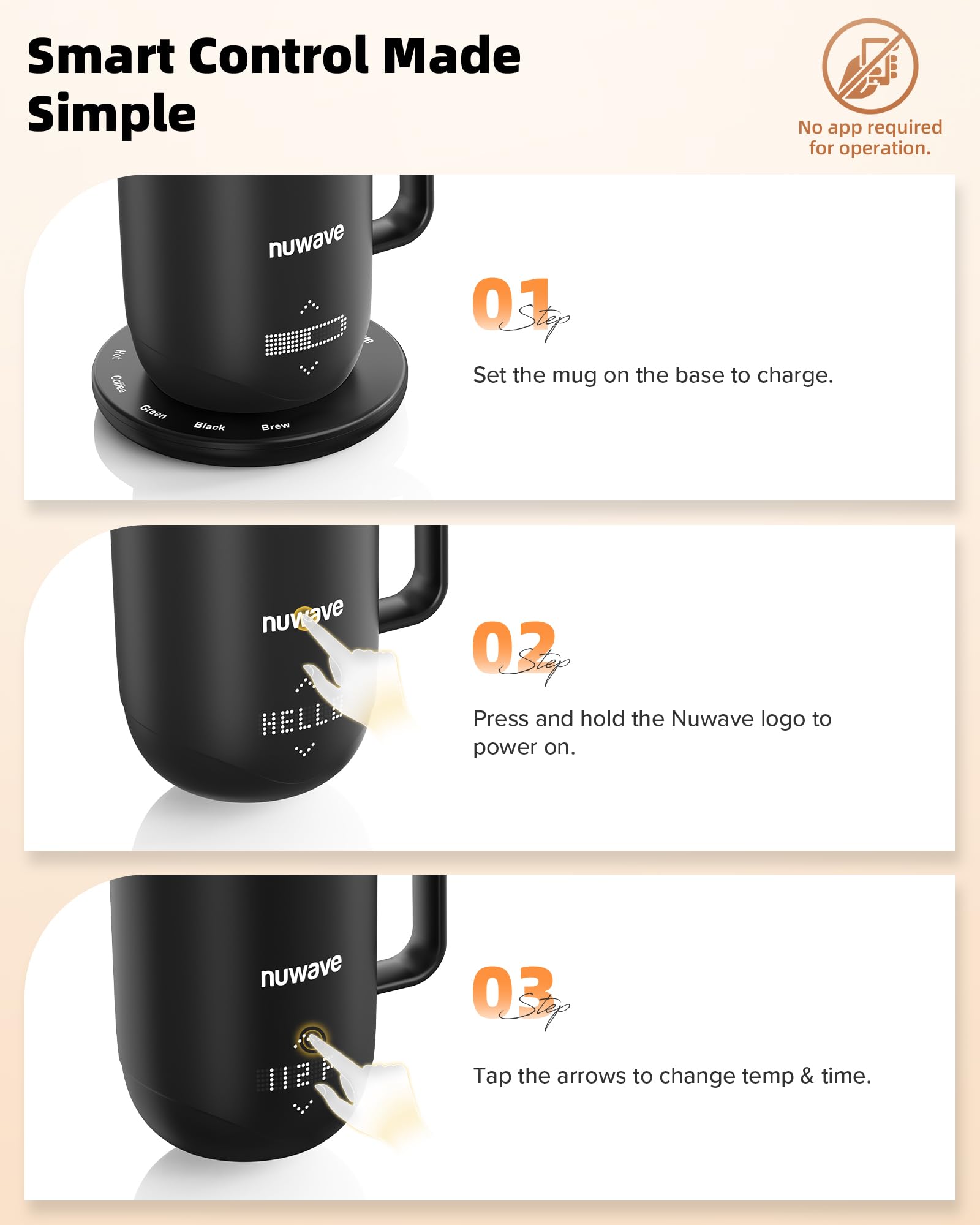 Nuwave Smart Heated Coffee Mug Rechargeable, 16oz Self Heating Temperature Control Mug with LED Display, Custom Brew Modes, Double-Wall Vacuum Insulation, 5-Hour Battery Life, Auto Shut-Off
