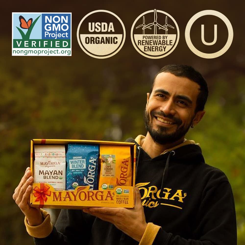 Mayorga Coffee Gift Pack of 3,12 oz bags-Cubano Roast Dark Roast, Mayan Blend Medium Roast, Muy Macho Bold Dark Roast-100% Arabica Whole Bean Café Organic Coffee-Specialty Grade,Non-GMO,Direct Trade