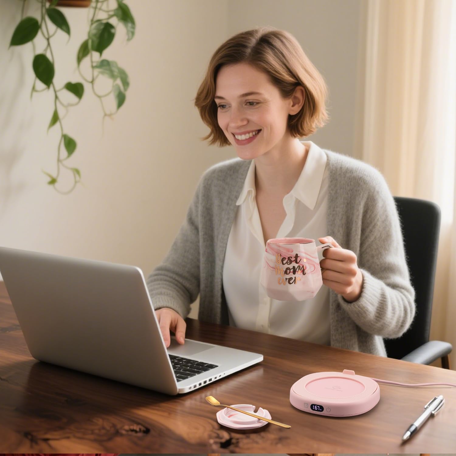 Coffee Mug Warmer & Best MOM Ever Mug Set, Smart Heated Electric Cup Warmer for Desk Office, 4 Temperature Control Beverage Tea Coffee Warmer, 8h Auto Shut Off Candle Plate, Women Mom Gifts from Son