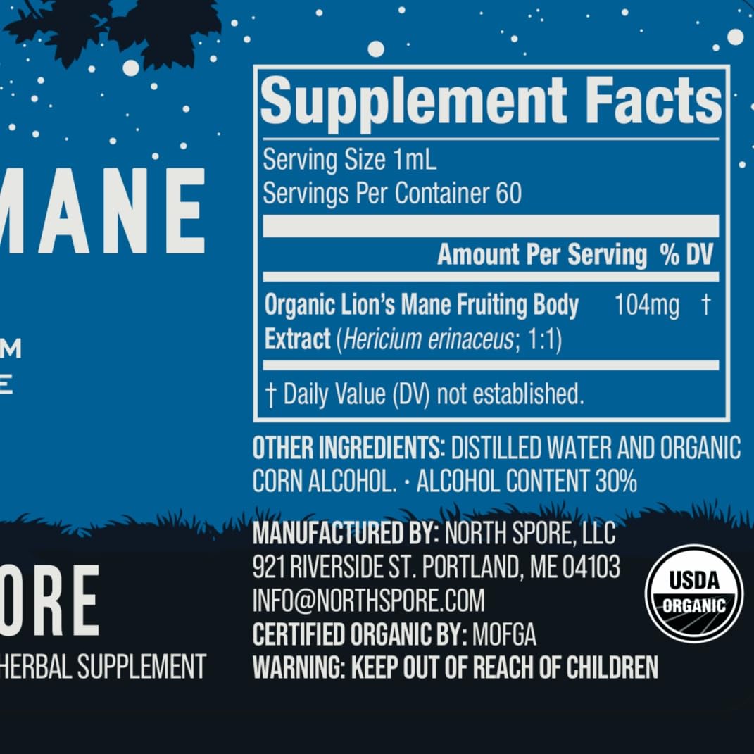 North Spore Organic Lion's Mane Mushroom Tincture (2 oz) | 100% Fruiting Body Extracts | for Focus, Memory, Brain Support | Certified Organic, Vegan, Non-GMO | Adaptogenic, Nootropic | Made in USA