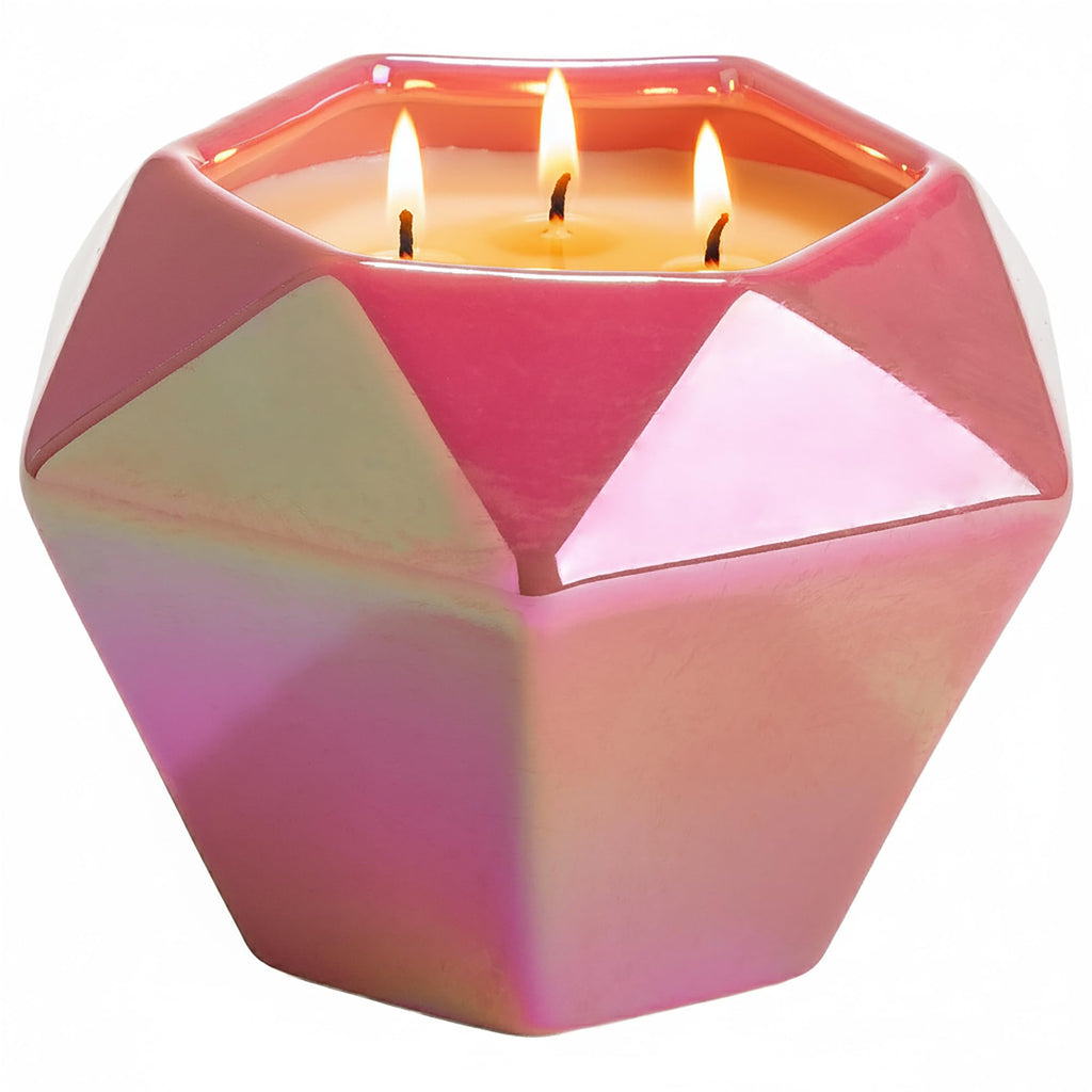 Paris Hilton Pink Spritz Scented Candle, Faceted Diamond Ceramic Vessel with Pink Iridescent Finish, Premium Plant Wax Blend, 3-Wicks, 13-Ounce