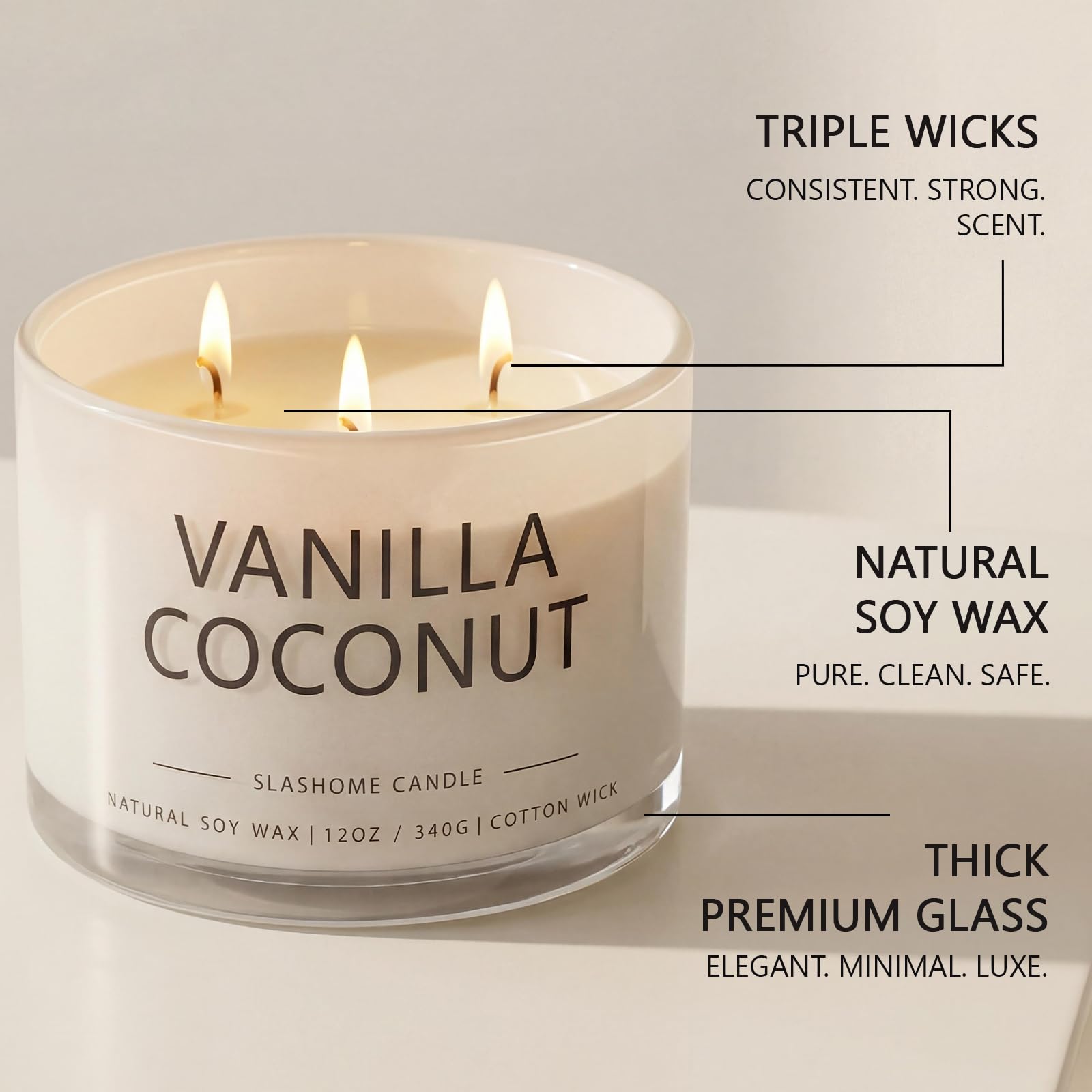 Vanilla Coconut Scented Candle, Luxury Large 3 Wick Soy Candle 12 Oz, 60+ Hour Long Lasting Clean Burn, Elegant Aromatherapy Home Decor, Valentine's Day & Housewarming & Birthday Gift for Men Women