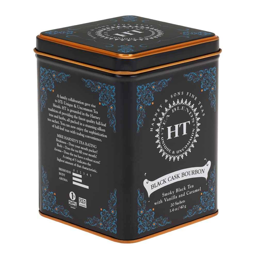Harney & Sons Black Cask Bourbon Tea, 20 Sachets of Smoky Lapsang Black Tea with Light Caramel Flavors