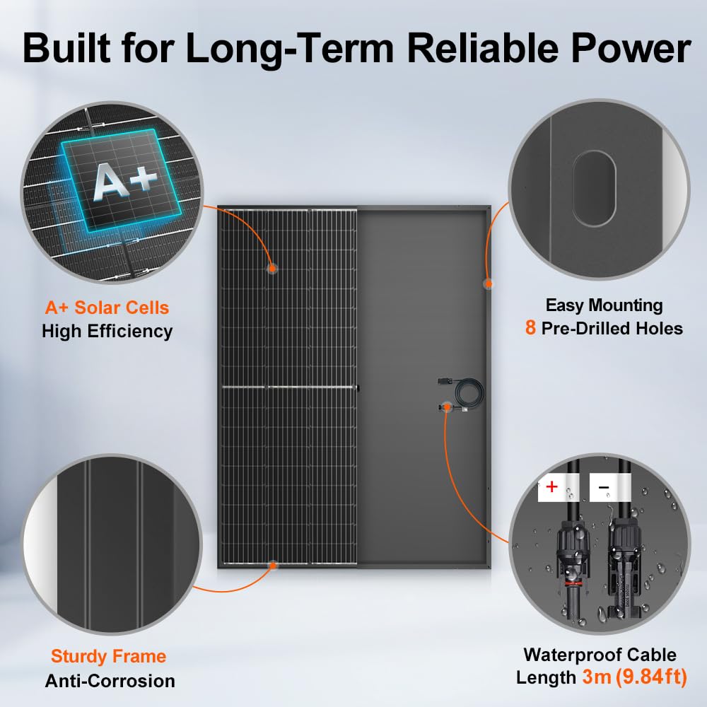 DOKIO Monocrystalline Solar Panel Size 800W (2×400W) 31V for 12/24V Devices, Aluminum Frame, 3m Cable, Pre-Drilled Holes for Yard, Garden, Shed, Off-Grid Power