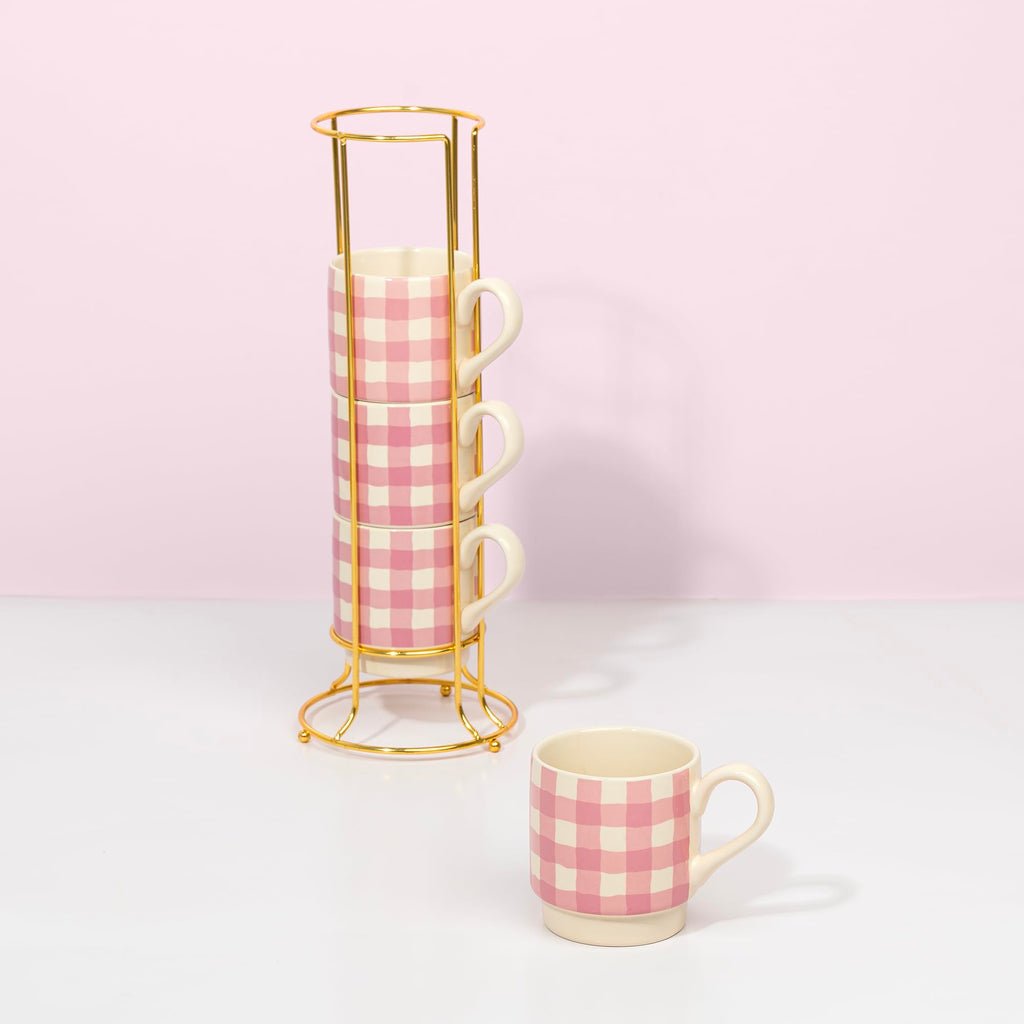 Paris Hilton Stackable Coffee Mug Set with Gold-Tone Rack, Gingham Ceramic Stoneware Cups for Coffee, Tea & Latte, Microwave & Dishwasher Safe, 4-Piece, 10-Ounce, Pink