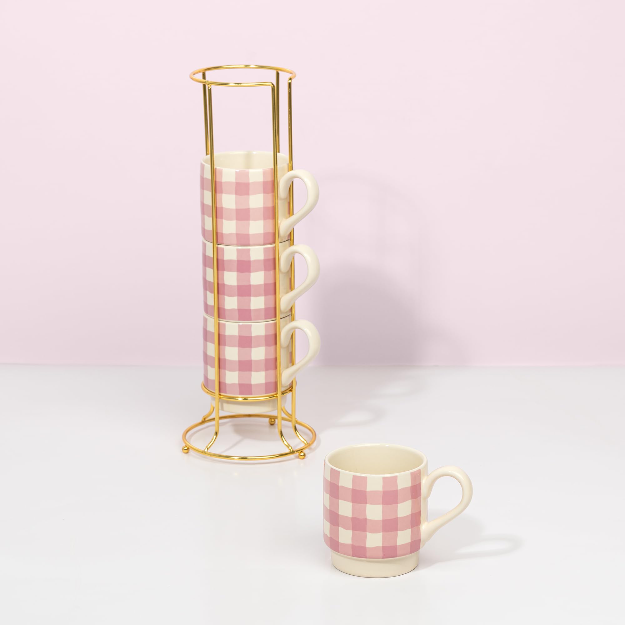 Paris Hilton Stackable Coffee Mug Set with Gold-Tone Rack, Gingham Ceramic Stoneware Cups for Coffee, Tea & Latte, Microwave & Dishwasher Safe, 4-Piece, 10-Ounce, Pink