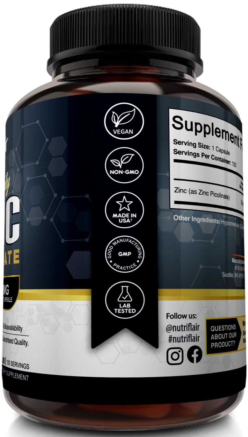 NutriFlair Zinc Picolinate 50mg, 120 Capsules - Maximum Absorption Zinc Supplement Pills - Immune System Booster, Immunity Defense, Powerful Non-GMO Antioxidant - Compare to gluconate, Citrate, Oxide