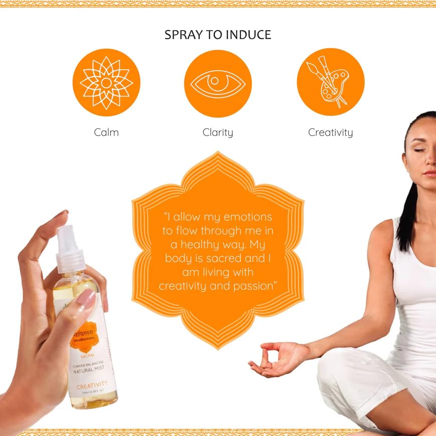 Aromafume Sacral Chakra Natural Mist 100ml/3.3 fl oz | Swadisthana | Aromatherapy Spray for Chakra Balance | Orange & Patchouli Extracts | Essential Oil Spray for Meditation, Yoga, Reiki
