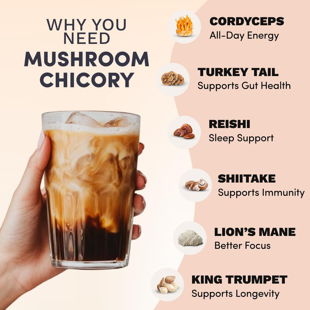 RYZE SUPERFOODS Mushroom Chicory with 6 Organic Adaptogenic Mushrooms, Keto Decaf Alternative with Chicory Root for Energy, Focus, Digestion, Immunity with Lions Mane, Turkey Tail, Shiitake, 30 Serv