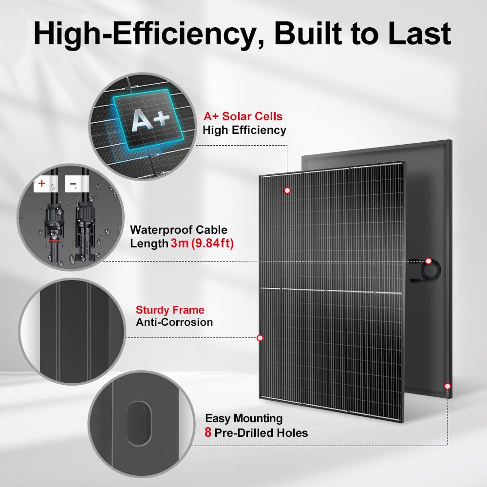 DOKIO 400W 31V Mono Solar Panel - Works for 12V/24V Systems, Equipped with 9.84ft MC4 Wiring, Perfect for Gardens, Courtyards, Greenhouses, Sheds, Terraces & Off-Grid Battery Charging