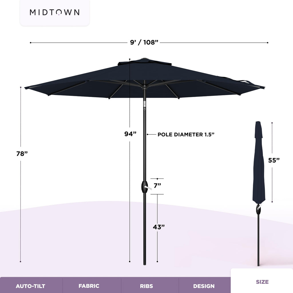 Midtown Umbrellas – The Lean 9 Ft Patio Umbrella with 10-Year-No-Fade Acrylast Acrylic Fabric, Auto-Tilt and 8 Reinforced Ribs for Deck, Pool, Garden, Hotel & Cafes – Harbor Navy Canopy, Black Pole