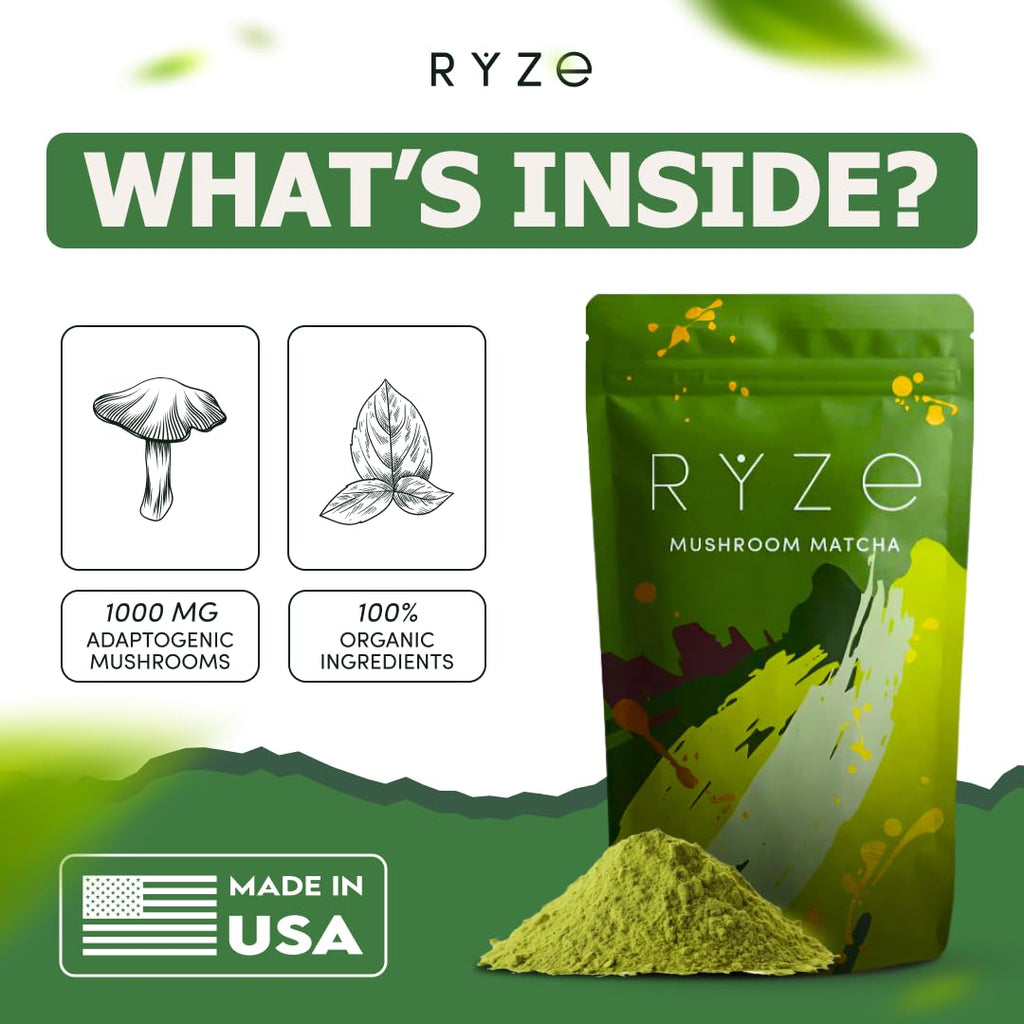 RYZE SUPERFOODS Mushroom Matcha Starter Kit, USDA Organic with 6 Adaptogenic Mushrooms and Ceremonial-Grade Matcha, Energy, Focus, Digestion, Immunity with Turkey Tail, Shiitake, Reishi