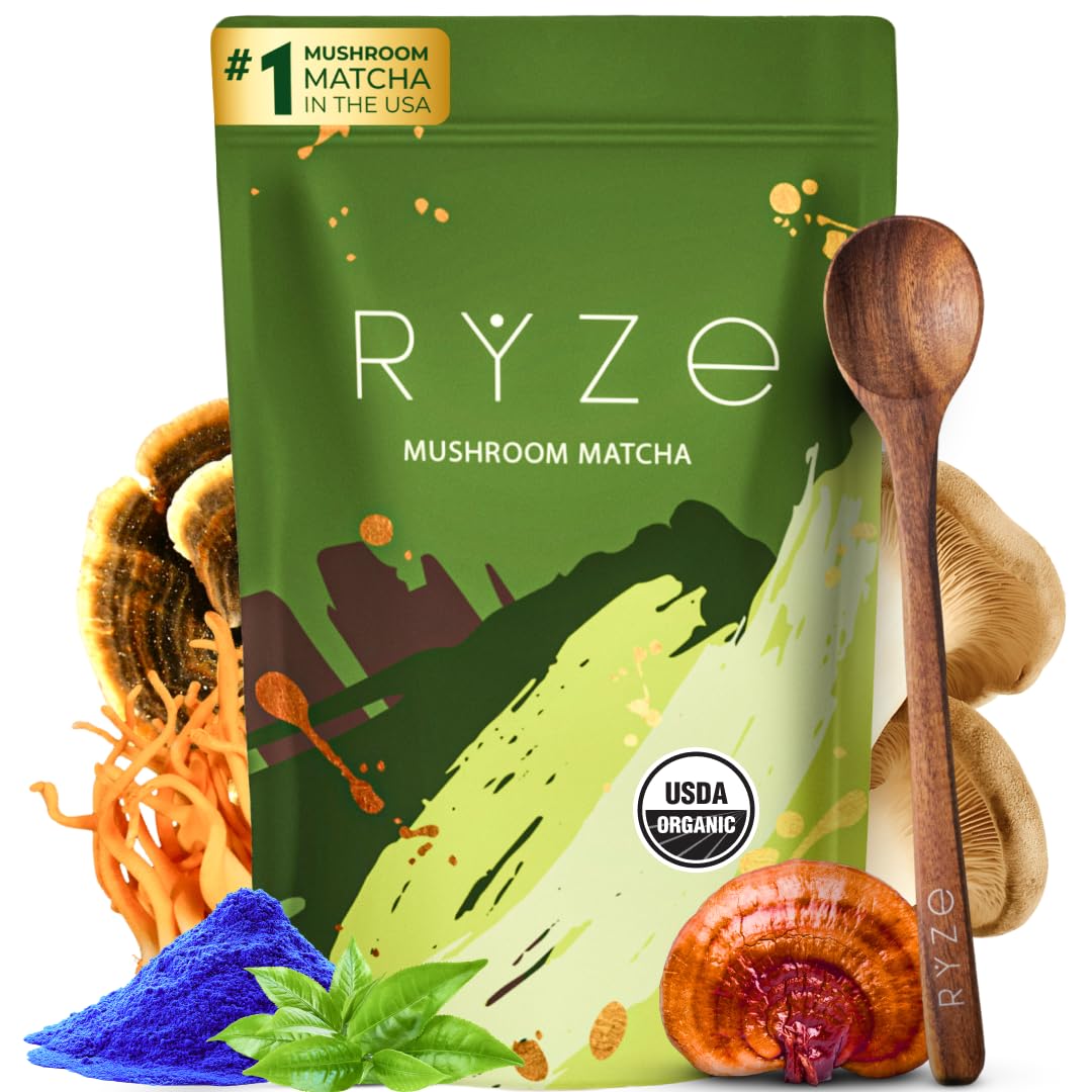 RYZE SUPERFOODS Mushroom Matcha Starter Kit, USDA Organic with 6 Adaptogenic Mushrooms and Ceremonial-Grade Matcha, Energy, Focus, Digestion, Immunity with Turkey Tail, Shiitake, Reishi