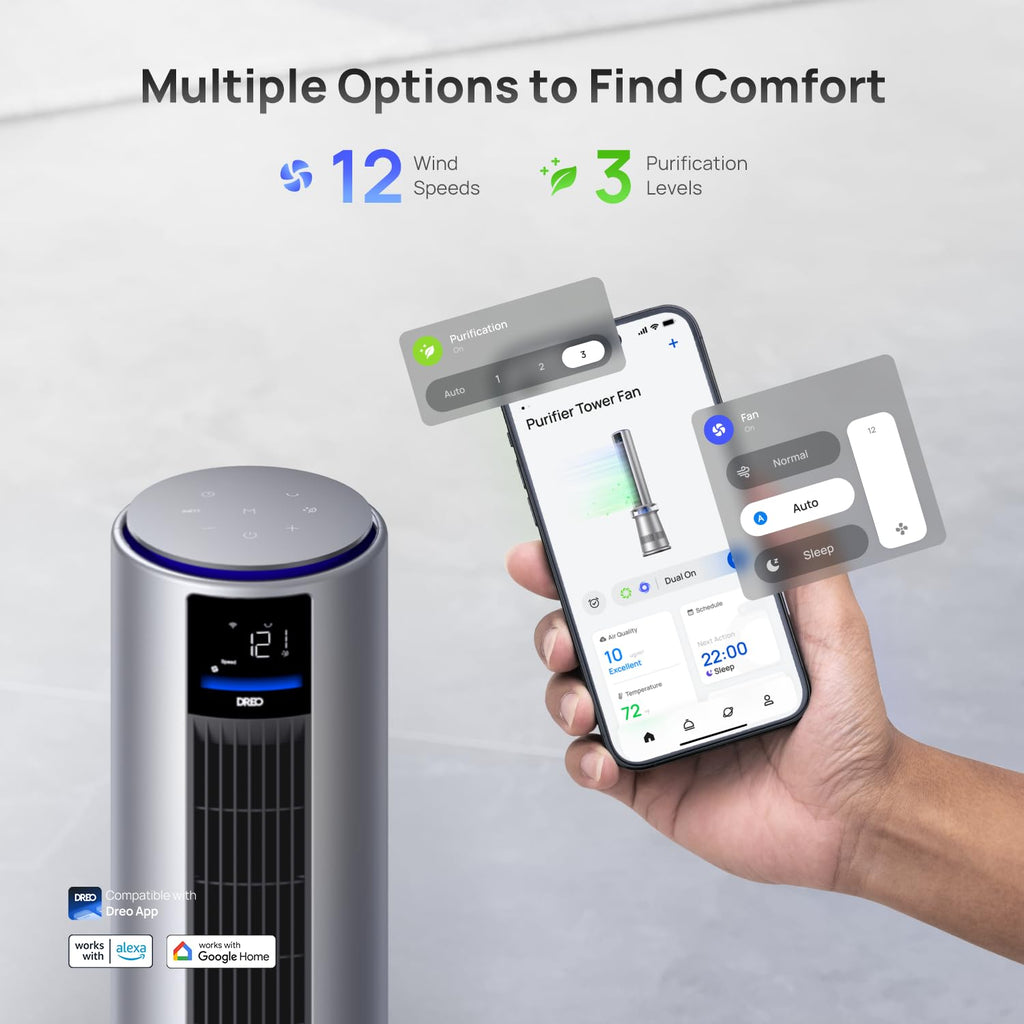DREO MC710S Air Purifier Tower Fan, 45" 2-in-1 Smart Fan for Bedroom, 27ft/s Velocity, 120°Oscillation, 24H Timer Bladeless Fans for Home, 25dB Low Noise, Standing Fan Works with Alexa, Silver Blue