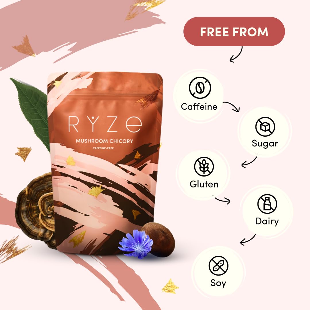 RYZE SUPERFOODS Mushroom Chicory with 6 Organic Adaptogenic Mushrooms, Keto Decaf Alternative with Chicory Root for Energy, Focus, Digestion, Immunity with Lions Mane, Turkey Tail, Shiitake, 30 Serv