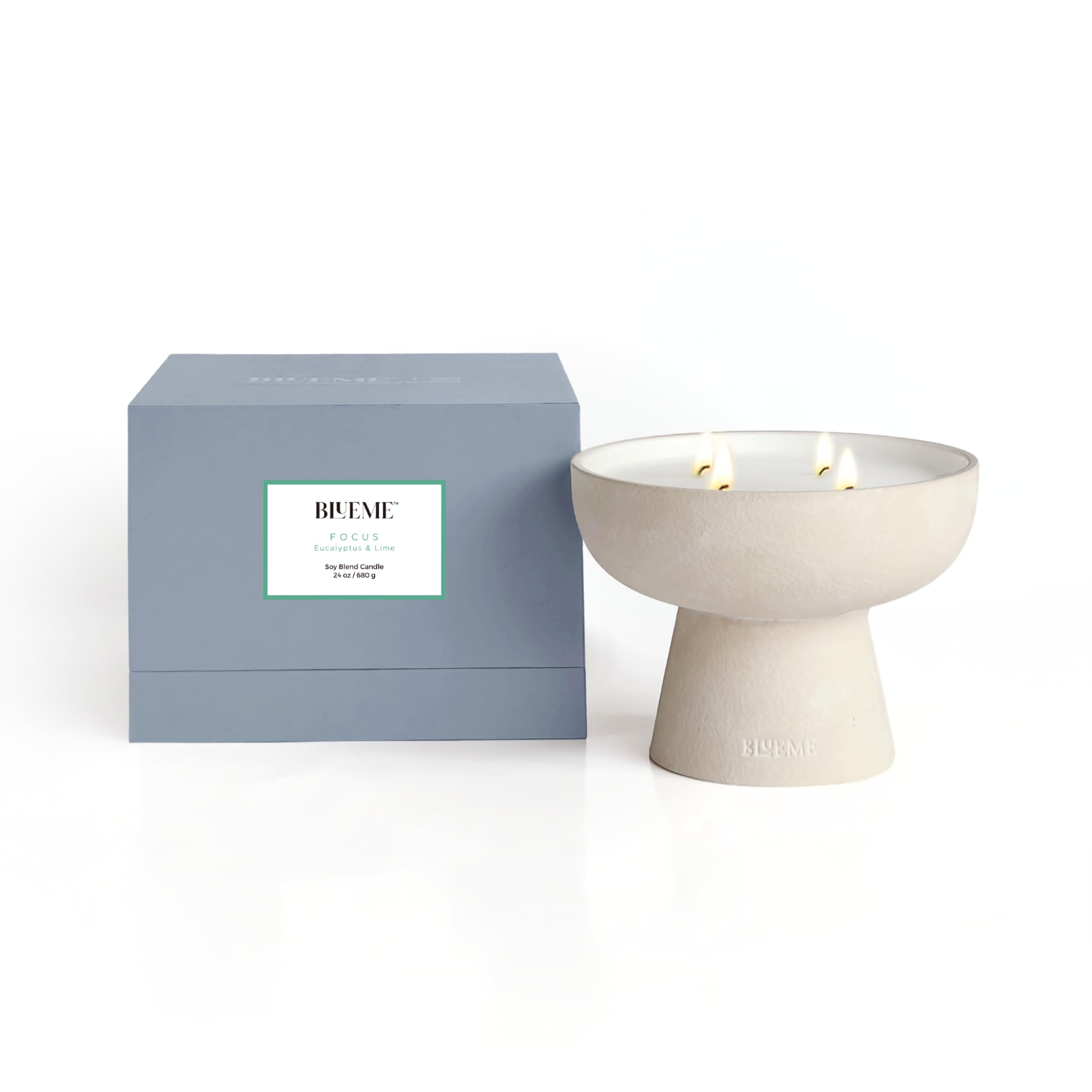 Blueme Focus Candle | Eucalyptus & Lime | 4 Wick - Refillable Wellness Candle with Essential Oils, Hand Finished & Poured Soy Wax Blend Ceramic Vessel, Natural Cotton Wicks | Large 24 oz
