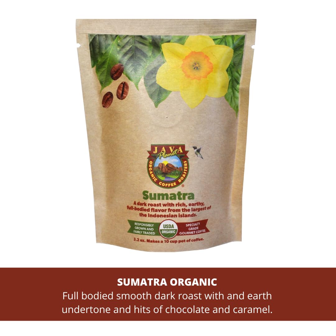 Java Planet, Coffee Gift Basket Sampler Set, for Coffee Lovers: Low Acid Organic Beans: Whole Bean, Mold-Free & Stomach Friendly - Arabica Gourmet, 1.32 LBs (19.2 oz) packaged in 6 Bags Each 3.2 oz