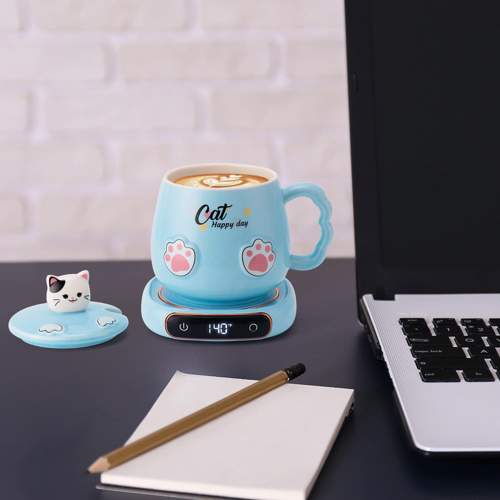 Bgbg Coffee Mug Warmer & Cute Cat Mug Set, Beverage Cup Warmer for Desk Home Office with Three Temperature Up to 140℉/ 60℃, Coffee Warmer for Cocoa Milk Tea Water Candle, 8 Hours Auto Shut Off