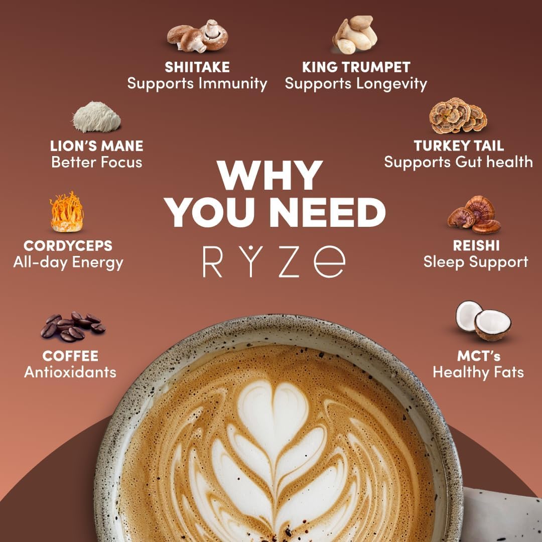 RYZE SUPERFOODS Mushroom Dark Roast Coffee Starter Kit, Instant Coffee with 6 Adaptogenic Mushrooms and Better Energy, Focus, Digestion, Immunity with Lions Mane & Turkey Tail 30 Serving Each