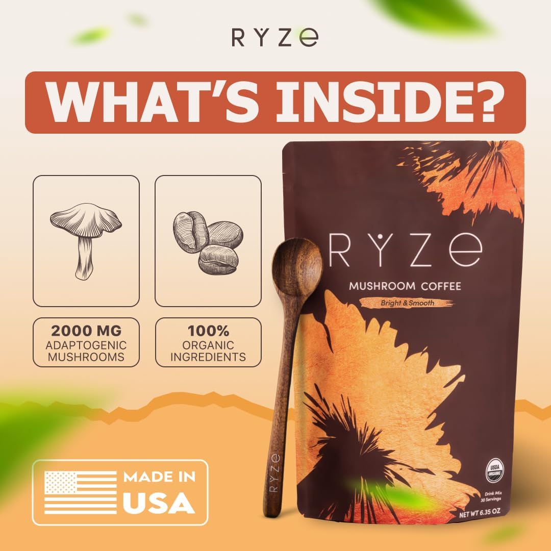 RYZE SUPERFOODS Mushroom Medium Roast Coffee Starter Kit, USDA Organic Instant Coffee with 6 Adaptogenic Mushrooms and for Energy, Focus, Digestion, Immunity with Lions Mane & Turkey Tail 60 Serving