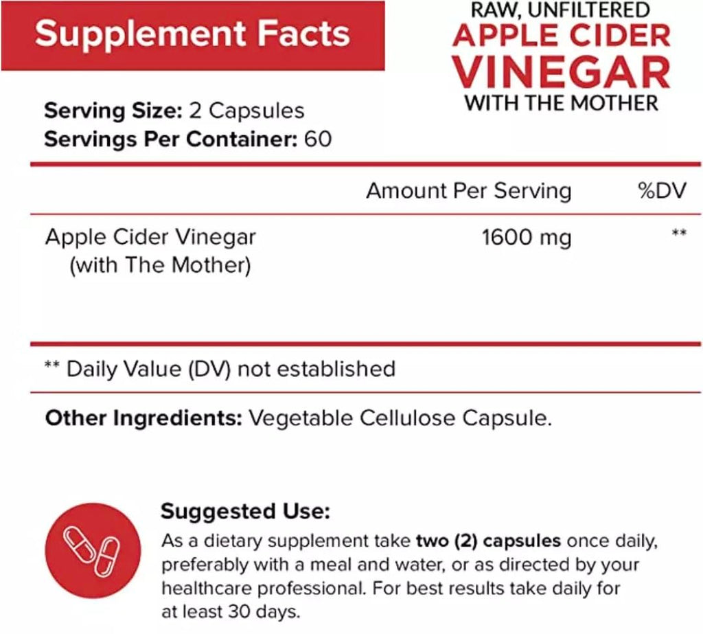 Apple Cider Vinegar Capsules with The Mother - 120 Vegan ACV Pills - Best Supplement for Healthy Weight Loss, Diet, Keto, Digestion, Detox, Immune - Powerful Cleanser & Appetite Suppressant Non-GMO