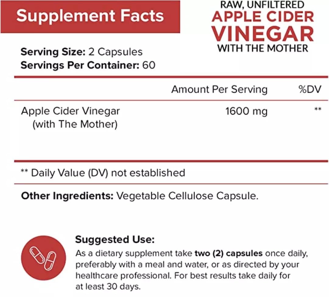 Apple Cider Vinegar Capsules with The Mother - 120 Vegan ACV Pills - Best Supplement for Healthy Weight Loss, Diet, Keto, Digestion, Detox, Immune - Powerful Cleanser & Appetite Suppressant Non-GMO