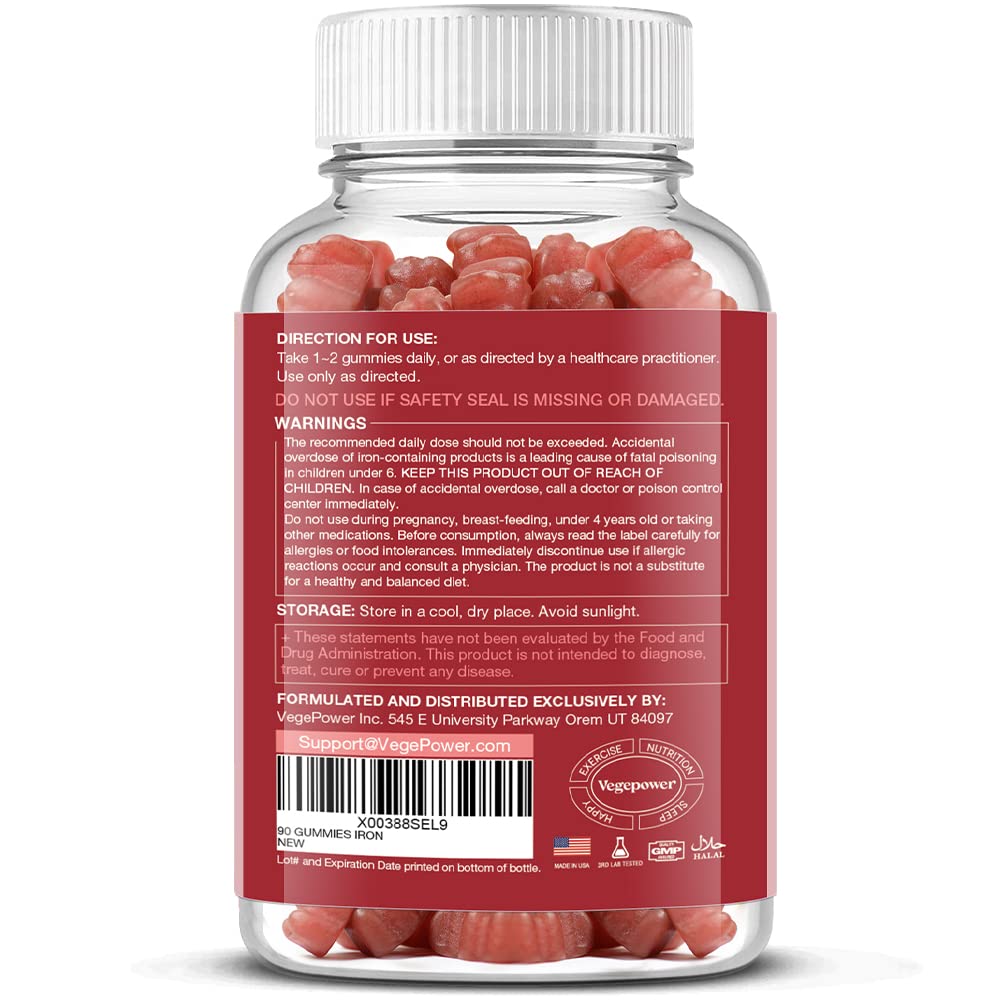 Vegan Iron Gummies Supplement - with Vitamin C, A, B-Complex, Folate, Zinc for Adults & Kids - Health Blood & Energy Support for Iron Deficiency, Anemia, No After Taste - Peach Flavor (90 Ct)