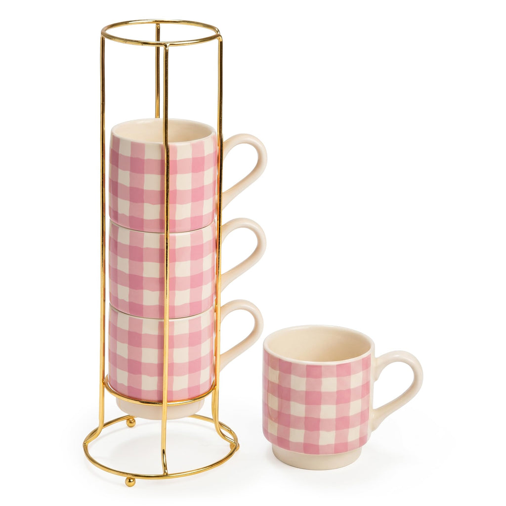 Paris Hilton Stackable Coffee Mug Set with Gold-Tone Rack, Gingham Ceramic Stoneware Cups for Coffee, Tea & Latte, Microwave & Dishwasher Safe, 4-Piece, 10-Ounce, Pink