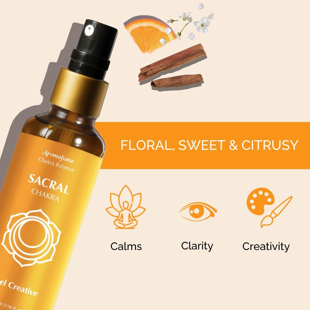 Aromafume Sacral Chakra Natural Mist 100ml/3.3 fl oz | Swadisthana | Aromatherapy Spray for Chakra Balance | Orange & Patchouli Extracts | Essential Oil Spray for Meditation, Yoga, Reiki
