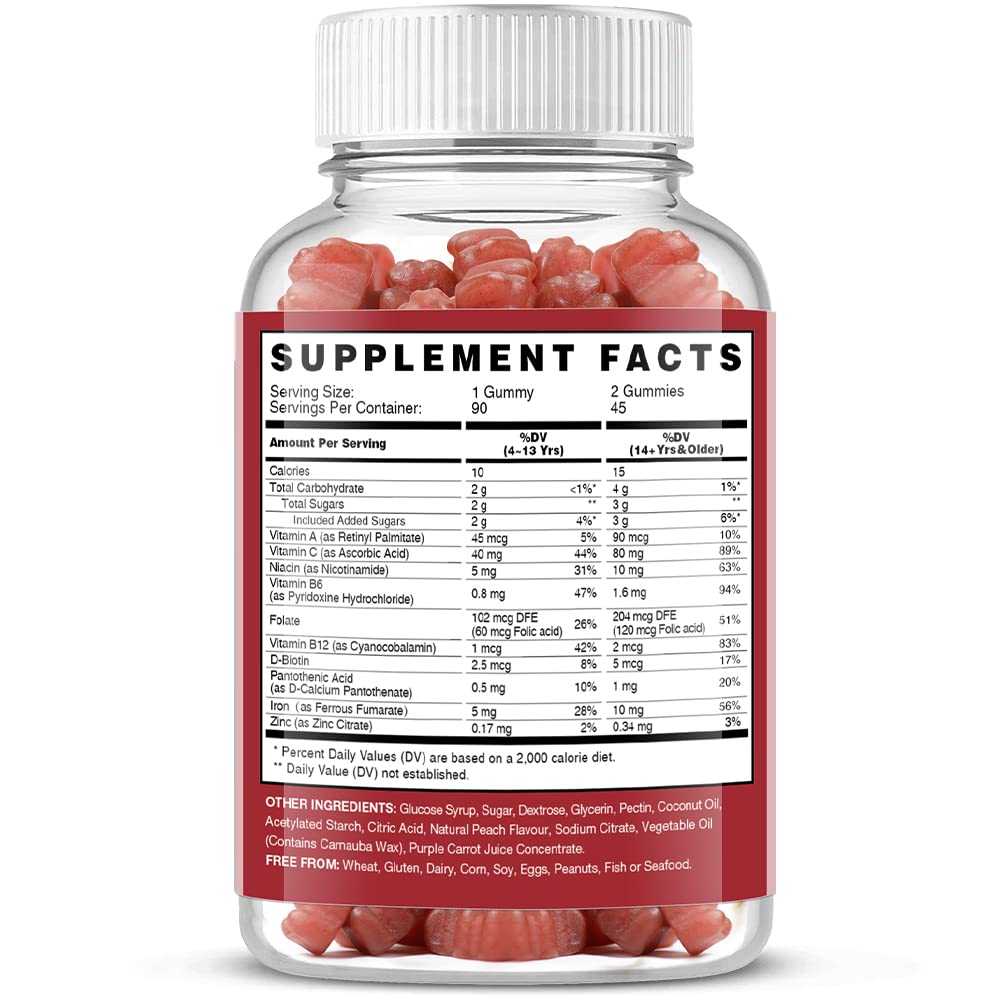 Vegan Iron Gummies Supplement - with Vitamin C, A, B-Complex, Folate, Zinc for Adults & Kids - Health Blood & Energy Support for Iron Deficiency, Anemia, No After Taste - Peach Flavor (90 Ct)