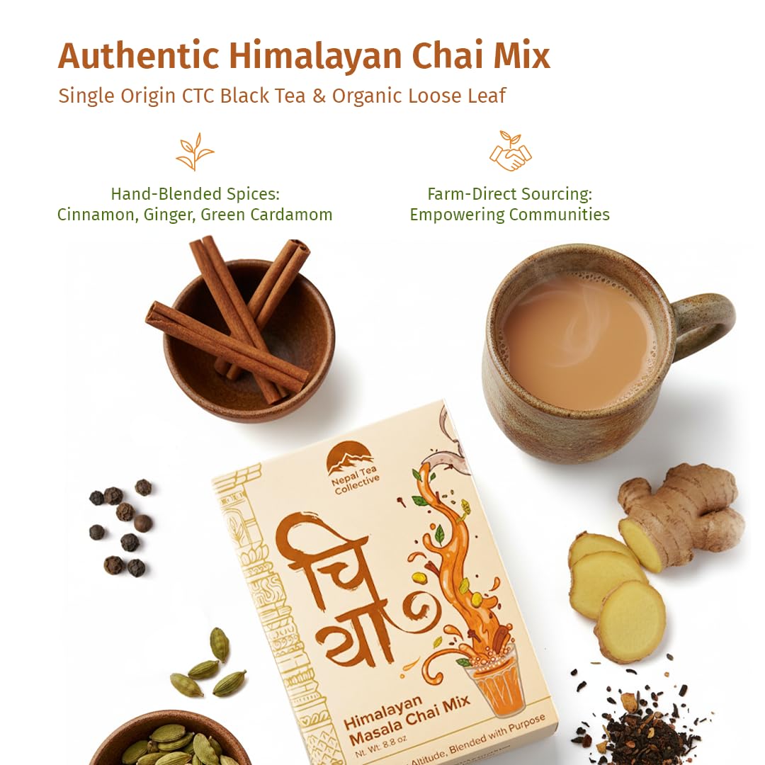 Nepal Tea Himalayan Masala Chai Tea Mix | CTC & Loose Leaf Black Tea with Organic Chai Spice Blend - Cinnamon, Ginger, Cardamom, Cloves & Black Pepper | Unsweetened Sugar Free Chai Mix, 8.8 Oz Blend