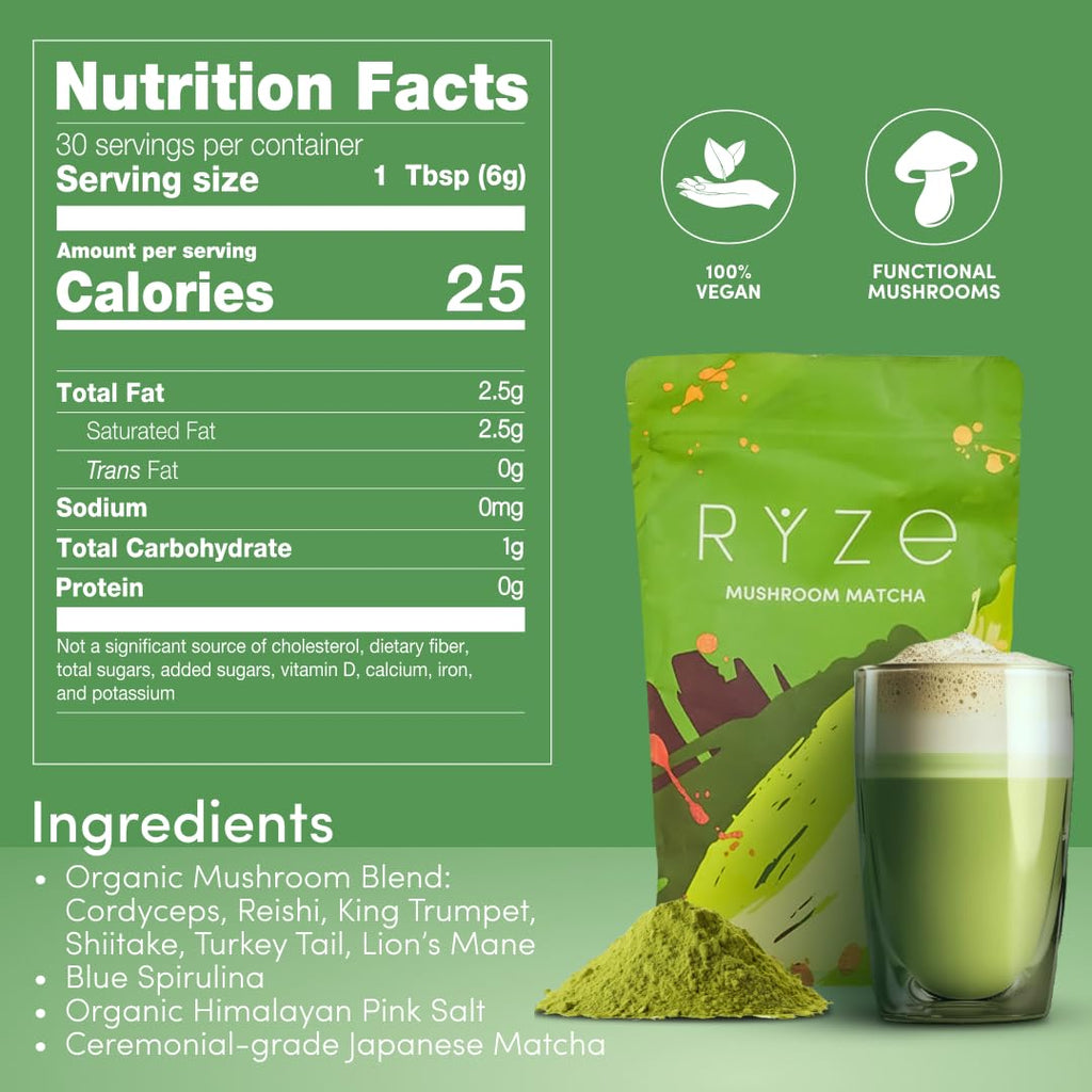 RYZE SUPERFOODS Mushroom Matcha Starter Kit, USDA Organic with 6 Adaptogenic Mushrooms and Ceremonial-Grade Matcha, Energy, Focus, Digestion, Immunity with Turkey Tail, Shiitake, Reishi