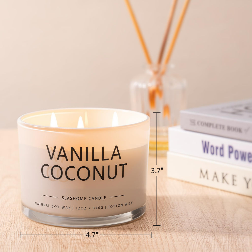 Vanilla Coconut Scented Candle, Luxury Large 3 Wick Soy Candle 12 Oz, 60+ Hour Long Lasting Clean Burn, Elegant Aromatherapy Home Decor, Valentine's Day & Housewarming & Birthday Gift for Men Women