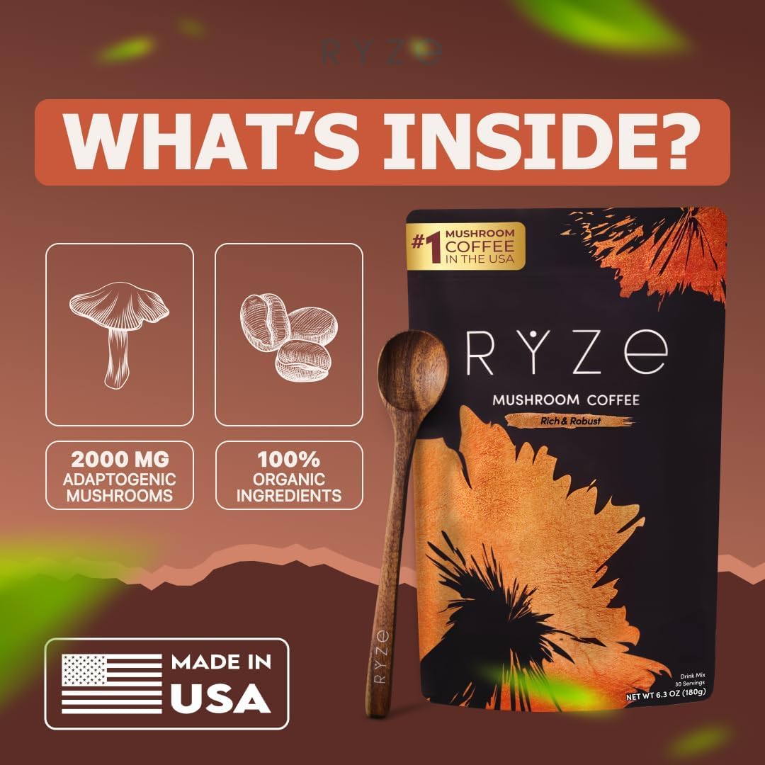 RYZE SUPERFOODS Mushroom Dark Roast Coffee Starter Kit, Instant Coffee with 6 Adaptogenic Mushrooms and Better Energy, Focus, Digestion, Immunity with Lions Mane & Turkey Tail 30 Serving Each