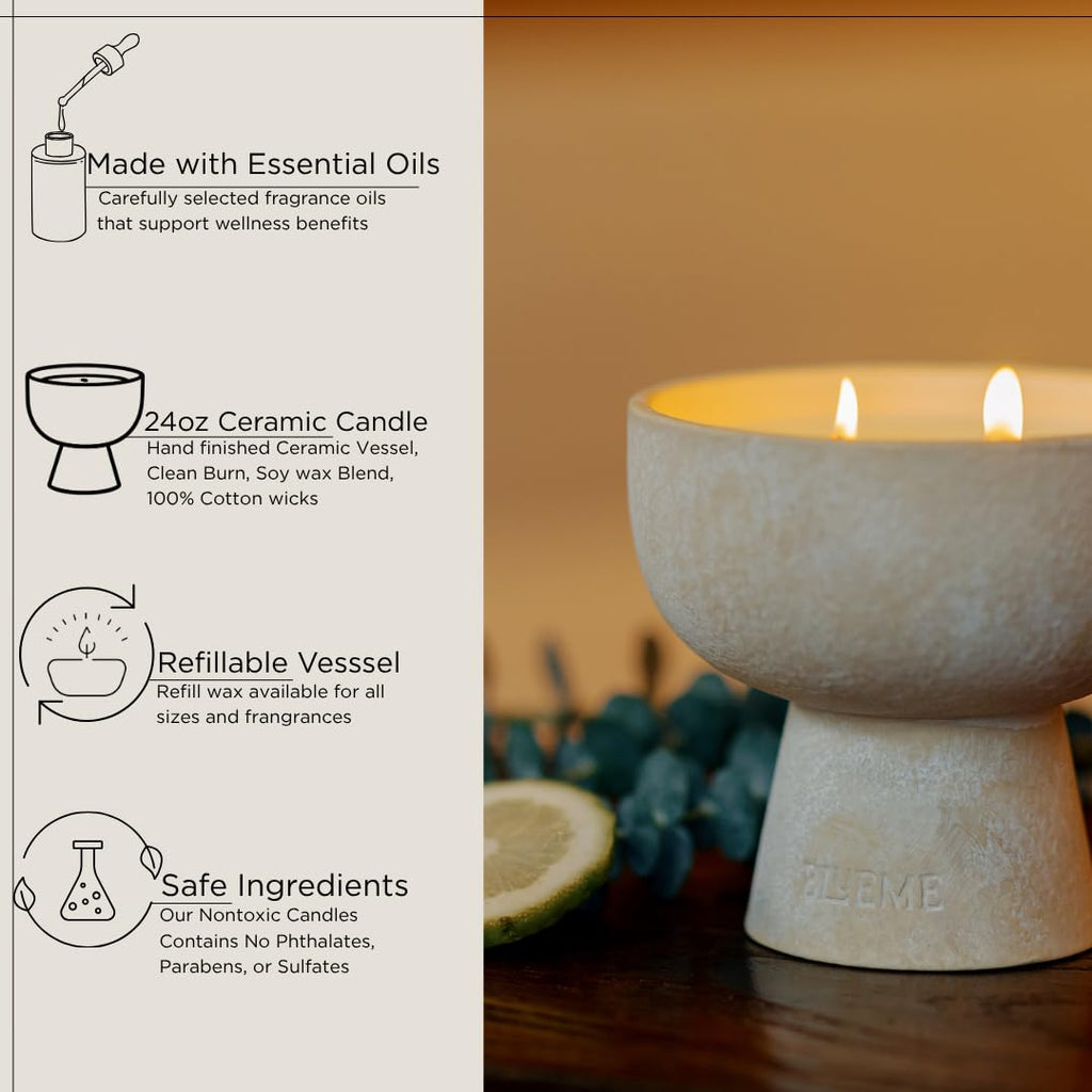 Blueme Focus Candle | Eucalyptus & Lime | 4 Wick - Refillable Wellness Candle with Essential Oils, Hand Finished & Poured Soy Wax Blend Ceramic Vessel, Natural Cotton Wicks | Large 24 oz