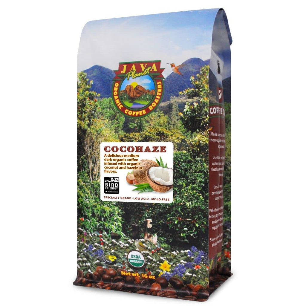 Low Acid Organic Coffee – Whole Bean, Mold-Free & Stomach Friendly by Java Planet, Coconut and Hazelnut, Medium Dark Roast, Arabica Gourmet Coffee Grade A, Smithsonian Bird Friendly, 1LB Bag