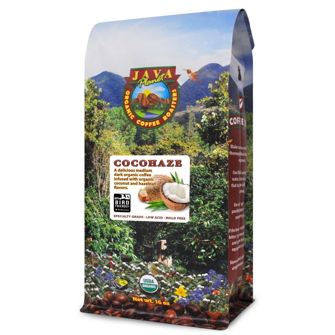 Low Acid Organic Coffee – Whole Bean, Mold-Free & Stomach Friendly by Java Planet, Coconut and Hazelnut, Medium Dark Roast, Arabica Gourmet Coffee Grade A, Smithsonian Bird Friendly, 1LB Bag