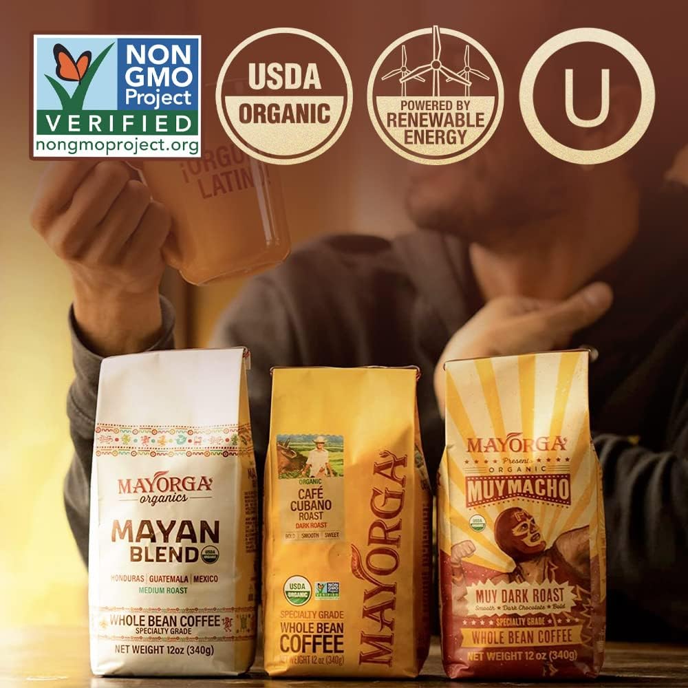 Mayorga Dark Roast Coffee Gift Pack of 3, 12 oz bags- Mayan Blend, Cubano Roast and Muy Macho - 100% Arabica Café Whole Coffee Beans - Smoothest Organic Coffee - Specialty Grade, Non-GMO, Direct Trade