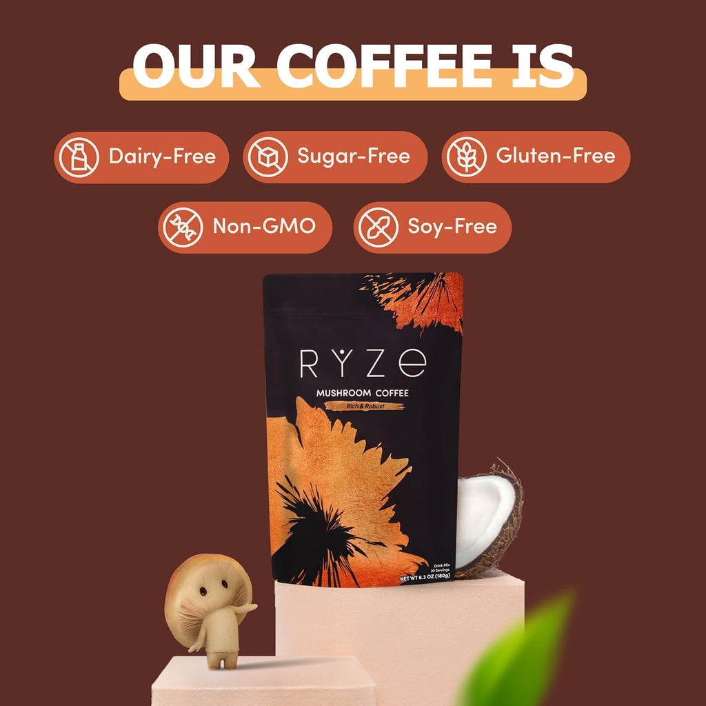RYZE SUPERFOODS Mushroom Dark Roast Coffee Starter Kit, Instant Coffee with 6 Adaptogenic Mushrooms and Better Energy, Focus, Digestion, Immunity with Lions Mane & Turkey Tail 30 Serving Each