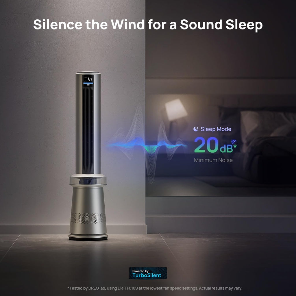 DREO MC710S Air Purifier Tower Fan, 45" 2-in-1 Smart Fan for Bedroom, 27ft/s Velocity, 120°Oscillation, 24H Timer Bladeless Fans for Home, 25dB Low Noise, Standing Fan Works with Alexa, Silver Blue