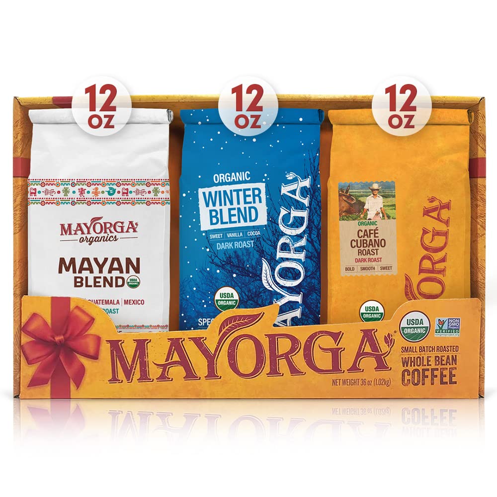 Mayorga Coffee Gift Pack of 3,12 oz bags-Cubano Roast Dark Roast, Mayan Blend Medium Roast, Muy Macho Bold Dark Roast-100% Arabica Whole Bean Café Organic Coffee-Specialty Grade,Non-GMO,Direct Trade
